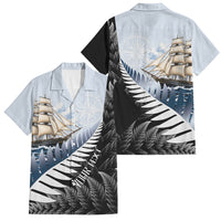 Personalised New Zealand Pakeha Family Matching Off Shoulder Maxi Dress and Hawaiian Shirt Kiwi Silver Fern and Sailing Ship Compass LT14 Dad's Shirt - Short Sleeve Blue - Polynesian Pride