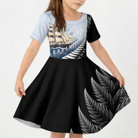 Personalised New Zealand Pakeha Kid Short Sleeve Dress Kiwi Silver Fern and Sailing Ship Compass LT14 KID Blue - Polynesian Pride