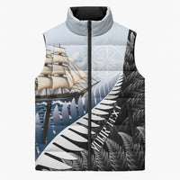 Personalised New Zealand Pakeha Sleeveless Puffer Jacket Kiwi Silver Fern and Sailing Ship Compass LT14 Unisex Blue - Polynesian Pride