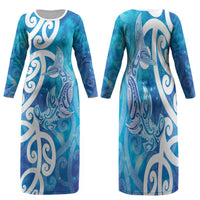 Hammerhead Shark Tattoo New Zealand Family Matching Long Sleeve Bodycon Dress and Hawaiian Shirt Maori Galaxy Mangopare Pattern LT14 Mom's Dress Turquoise - Polynesian Pride