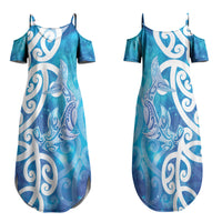 Hammerhead Shark Tattoo New Zealand Family Matching Summer Maxi Dress and Hawaiian Shirt Maori Galaxy Mangopare Pattern LT14 Mom's Dress Turquoise - Polynesian Pride