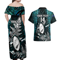 Custom New Zealand Silver Fern Rugby Couples Matching Off Shoulder Maxi Dress and Hawaiian Shirt Aotearoa All Black Dabbing Ball With Maori Paua Shell LT14 - Polynesian Pride