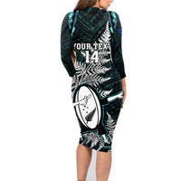 Custom New Zealand Silver Fern Rugby Family Matching Long Sleeve Bodycon Dress and Hawaiian Shirt Aotearoa All Black Dabbing Ball With Maori Paua Shell LT14 - Polynesian Pride