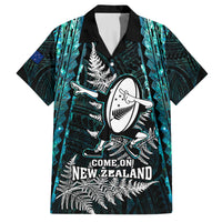 Custom New Zealand Silver Fern Rugby Family Matching Off Shoulder Long Sleeve Dress and Hawaiian Shirt Aotearoa All Black Dabbing Ball With Maori Paua Shell LT14 Dad's Shirt - Short Sleeve Turquoise - Polynesian Pride