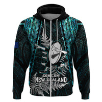 Custom New Zealand Silver Fern Rugby Hoodie Aotearoa All Black Dabbing Ball With Maori Paua Shell LT14 Zip Hoodie Turquoise - Polynesian Pride