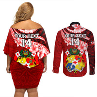 Custom Tonga Rugby Couples Matching Off Shoulder Short Dress and Long Sleeve Button Shirts Ikale Tahi Tongan Ngatu Pattern With Dabbing Ball LT14 - Polynesian Pride
