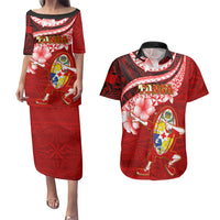 Custom Tonga Rugby Couples Matching Puletasi Dress and Hawaiian Shirt Ikale Tahi Tongan Ngatu Pattern With Dabbing Ball LT14 Red - Polynesian Pride