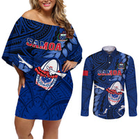 Custom Samoa Rugby Couples Matching Off Shoulder Short Dress and Long Sleeve Button Shirts Manu Samoa Ula Fala Dabbing Ball Polynesian Blue Version LT14 Blue - Polynesian Pride