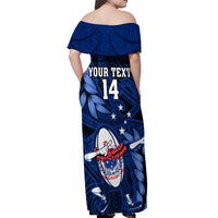 Custom Samoa Rugby Off Shoulder Maxi Dress Manu Samoa Ula Fala Dabbing Ball Polynesian Blue Version LT14 - Polynesian Pride
