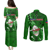 Samoa Rugby Couples Matching Puletasi Dress and Long Sleeve Button Shirts Manu Samoa Ula Fala Dabbing Ball Polynesian Green Version LT14 - Polynesian Pride