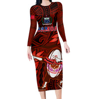 Samoa Rugby Family Matching Long Sleeve Bodycon Dress and Hawaiian Shirt Manu Samoa Ula Fala Dabbing Ball Polynesian Red Version LT14 - Polynesian Pride