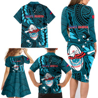 Samoa Rugby Family Matching Long Sleeve Bodycon Dress and Hawaiian Shirt Manu Samoa Ula Fala Dabbing Ball Polynesian Turquoise Version LT14 - Polynesian Pride
