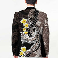 Brown and Black Hawaii Shark Tattoo Blazer Puakenikeni Lei Plumeria Polynesian Pattern - Polynesian Pride
