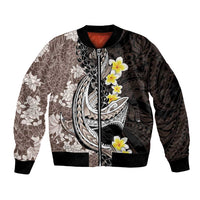 Brown and Black Hawaii Shark Tattoo Bomber Jacket Puakenikeni Lei Plumeria Polynesian Pattern - Polynesian Pride