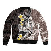 Brown and Black Hawaii Shark Tattoo Bomber Jacket Puakenikeni Lei Plumeria Polynesian Pattern - Polynesian Pride