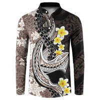 Brown and Black Hawaii Shark Tattoo Button Sweatshirt Puakenikeni Lei Plumeria Polynesian Pattern - Polynesian Pride