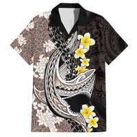 Brown and Black Hawaii Shark Tattoo Family Matching Long Sleeve Bodycon Dress and Hawaiian Shirt Puakenikeni Lei Plumeria Polynesian Pattern LT14 Dad's Shirt - Short Sleeve Black - Polynesian Pride
