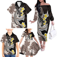 Brown and Black Hawaii Shark Tattoo Family Matching Off The Shoulder Long Sleeve Dress and Hawaiian Shirt Puakenikeni Lei Plumeria Polynesian Pattern - Polynesian Pride