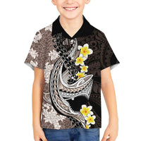 Brown and Black Hawaii Shark Tattoo Family Matching Off The Shoulder Long Sleeve Dress and Hawaiian Shirt Puakenikeni Lei Plumeria Polynesian Pattern - Polynesian Pride