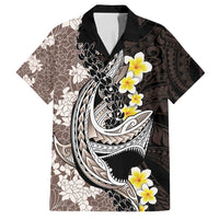 Brown and Black Hawaii Shark Tattoo Family Matching Off Shoulder Maxi Dress and Hawaiian Shirt Puakenikeni Lei Plumeria Polynesian Pattern - Polynesian Pride