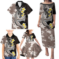 Brown and Black Hawaii Shark Tattoo Family Matching Puletasi and Hawaiian Shirt Puakenikeni Lei Plumeria Polynesian Pattern - Polynesian Pride