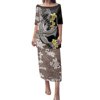 Brown and Black Hawaii Shark Tattoo Family Matching Puletasi and Hawaiian Shirt Puakenikeni Lei Plumeria Polynesian Pattern - Polynesian Pride