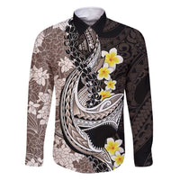 Brown and Black Hawaii Shark Tattoo Family Matching Summer Maxi Dress and Hawaiian Shirt Puakenikeni Lei Plumeria Polynesian Pattern - Polynesian Pride