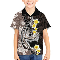 Brown and Black Hawaii Shark Tattoo Family Matching Summer Maxi Dress and Hawaiian Shirt Puakenikeni Lei Plumeria Polynesian Pattern - Polynesian Pride