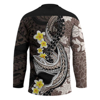 Brown and Black Hawaii Shark Tattoo Hockey Jersey Puakenikeni Lei Plumeria Polynesian Pattern - Polynesian Pride