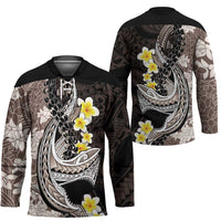 Brown and Black Hawaii Shark Tattoo Hockey Jersey Puakenikeni Lei Plumeria Polynesian Pattern - Polynesian Pride