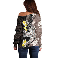 Brown and Black Hawaii Shark Tattoo Off Shoulder Sweater Puakenikeni Lei Plumeria Polynesian Pattern - Polynesian Pride
