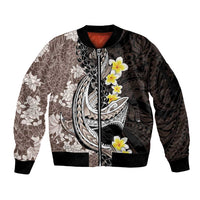 Brown and Black Hawaii Shark Tattoo Sleeve Zip Bomber Jacket Puakenikeni Lei Plumeria Polynesian Pattern - Polynesian Pride