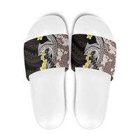 Brown and Black Hawaii Shark Tattoo Slide Sandals Puakenikeni Lei Plumeria Polynesian Pattern - Polynesian Pride