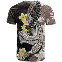 Brown and Black Hawaii Shark Tattoo T Shirt Puakenikeni Lei Plumeria Polynesian Pattern - Polynesian Pride