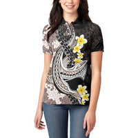 Brown and Black Hawaii Shark Tattoo Women Polo Shirt Puakenikeni Lei Plumeria Polynesian Pattern - Polynesian Pride