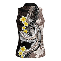 Brown and Black Hawaii Shark Tattoo Women Sleeveless Polo Shirt Puakenikeni Lei Plumeria Polynesian Pattern - Polynesian Pride