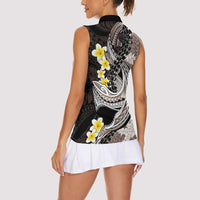 Brown and Black Hawaii Shark Tattoo Women Sleeveless Polo Shirt Puakenikeni Lei Plumeria Polynesian Pattern - Polynesian Pride
