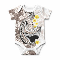 Brown and White Hawaii Shark Tattoo Baby Onesie Puakenikeni Lei Plumeria Polynesian Pattern