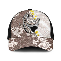 Brown and White Hawaii Shark Tattoo Baseball Net Cap Puakenikeni Lei Plumeria Polynesian Pattern - Polynesian Pride