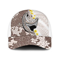 Brown and White Hawaii Shark Tattoo Baseball Net Cap Puakenikeni Lei Plumeria Polynesian Pattern - Polynesian Pride