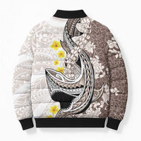 Brown and White Hawaii Shark Tattoo Bomber Puffer Jacket Puakenikeni Lei Plumeria Polynesian Pattern - Polynesian Pride