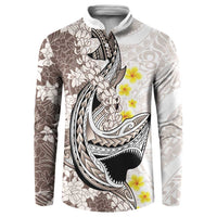 Brown and White Hawaii Shark Tattoo Button Sweatshirt Puakenikeni Lei Plumeria Polynesian Pattern - Polynesian Pride