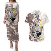 Brown and White Hawaii Shark Tattoo Couples Matching Puletasi and Hawaiian Shirt Puakenikeni Lei Plumeria Polynesian Pattern - Polynesian Pride