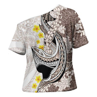 Brown and White Hawaii Shark Tattoo Cross Shoulder Shirt Puakenikeni Lei Plumeria Polynesian Pattern - Polynesian Pride