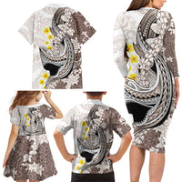Brown and White Hawaii Shark Tattoo Family Matching Long Sleeve Bodycon Dress and Hawaiian Shirt Puakenikeni Lei Plumeria Polynesian Pattern LT14 - Polynesian Pride