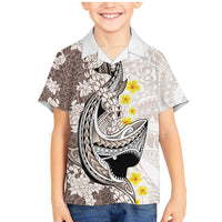 Brown and White Hawaii Shark Tattoo Family Matching Mermaid Dress and Hawaiian Shirt Puakenikeni Lei Plumeria Polynesian Pattern LT14 Son's Shirt White - Polynesian Pride