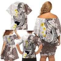Brown and White Hawaii Shark Tattoo Family Matching Off Shoulder Short Dress and Hawaiian Shirt Puakenikeni Lei Plumeria Polynesian Pattern - Polynesian Pride