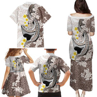 Brown and White Hawaii Shark Tattoo Family Matching Puletasi and Hawaiian Shirt Puakenikeni Lei Plumeria Polynesian Pattern - Polynesian Pride