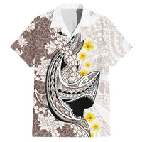 Brown and White Hawaii Shark Tattoo Family Matching Puletasi and Hawaiian Shirt Puakenikeni Lei Plumeria Polynesian Pattern - Polynesian Pride
