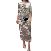 Brown and White Hawaii Shark Tattoo Family Matching Puletasi and Hawaiian Shirt Puakenikeni Lei Plumeria Polynesian Pattern - Polynesian Pride